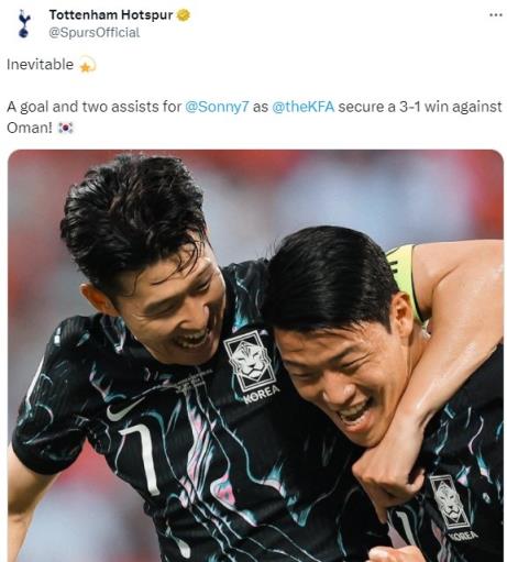 在热刺官推称赞孙兴慜：1射2传带队击败阿曼，表现无可阻挡